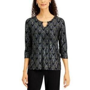 JM Collection Petite Keyhole Jacquard Top Deep Black Combo PM